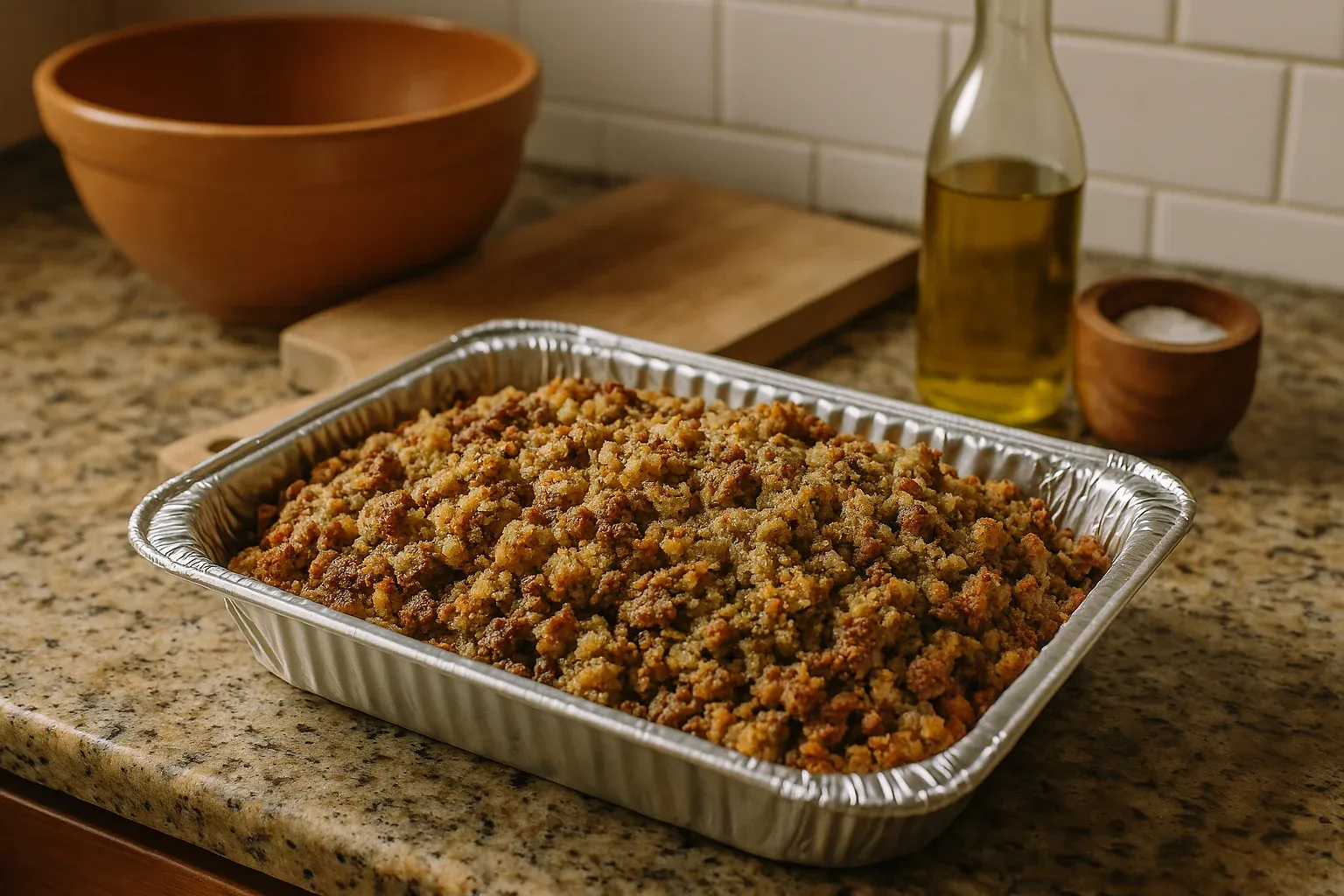 Homemade cornbread stuffing in a foil pan on a kitchen counter, ready for serving.