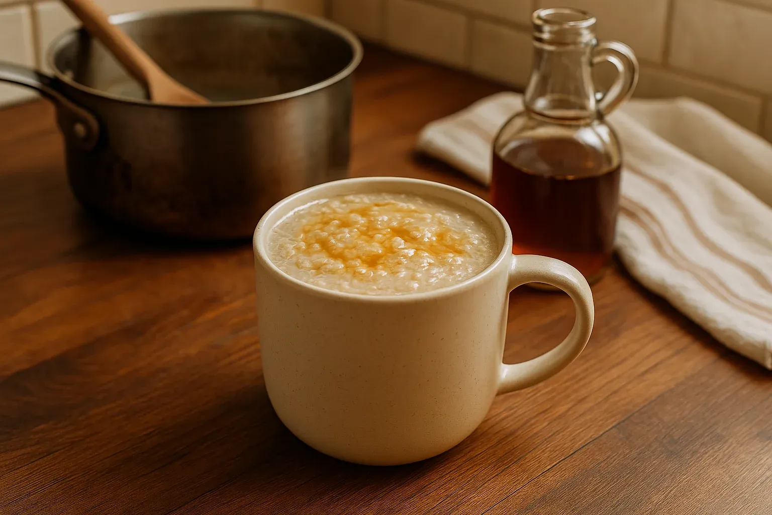 Creamy oatmeal topped with syrup in a beige mug, with a saucepan and syrup bottle in the background on a wooden countertop.