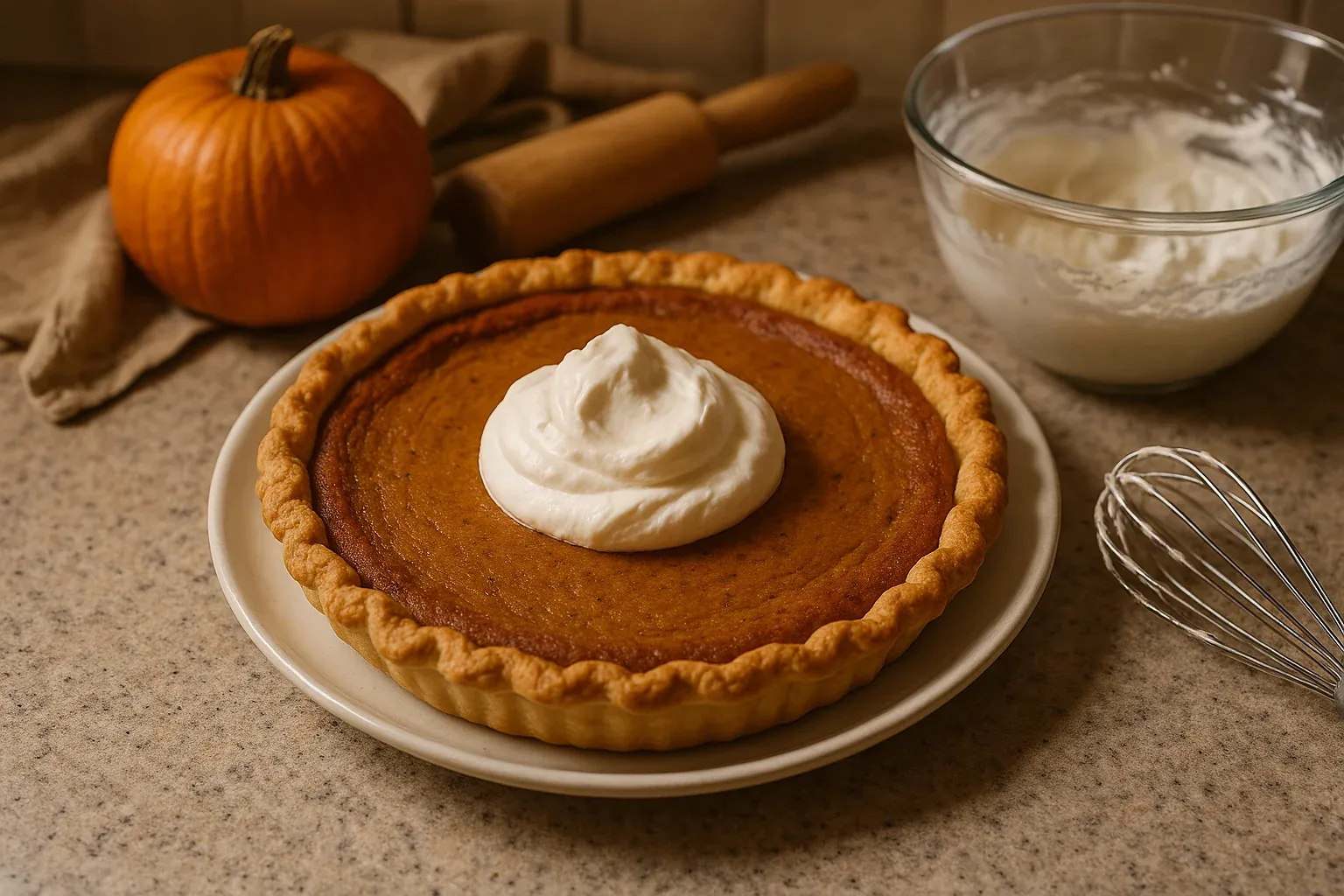 A freshly baked pumpkin pie topped with a dollop of whipped cream, with a pumpkin, rolling pin, and bowl of whipped cream in the background.