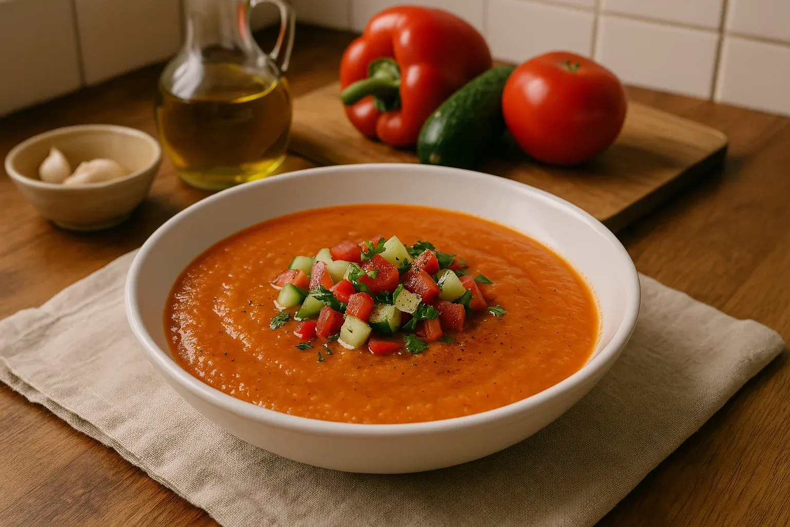 Bowl of gazpacho topped with diced cucumber, tomato, and herbs, with fresh vegetables and olive oil in the background.