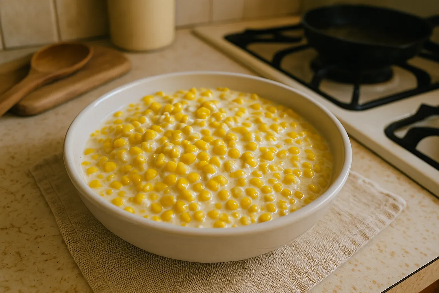 Creamed corn in a white bowl on a kitchen countertop with a wooden spoon and stove in the background.
