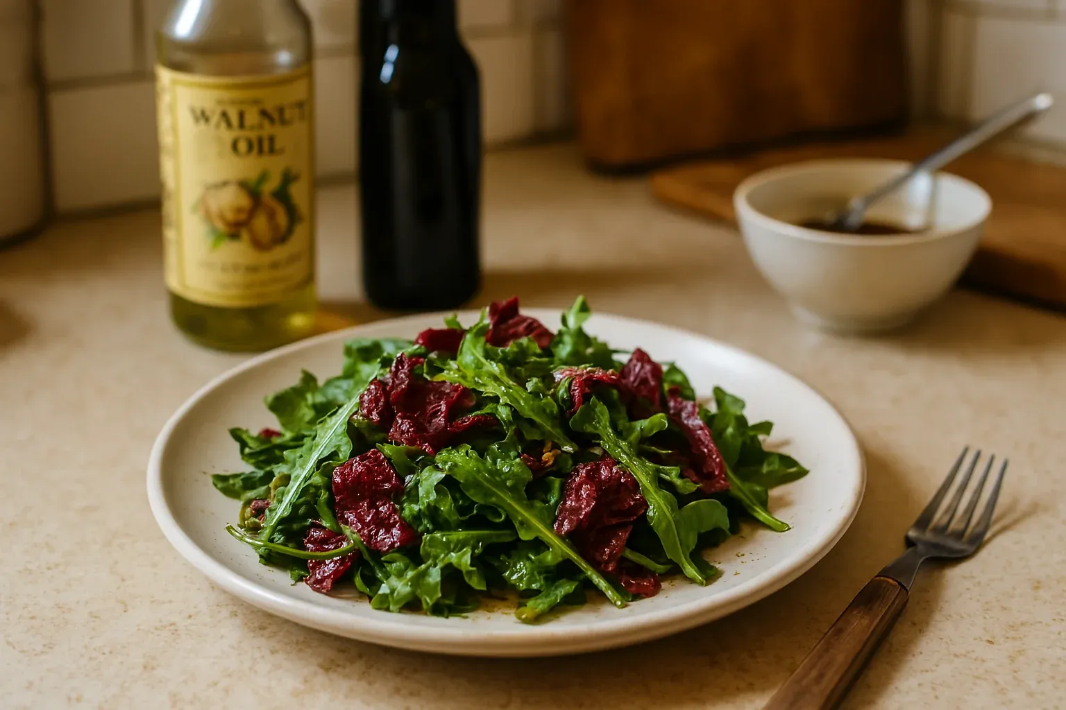 Arugula salad with dried beets, walnut oil, and a balsamic dressing on a white plate with a fork.