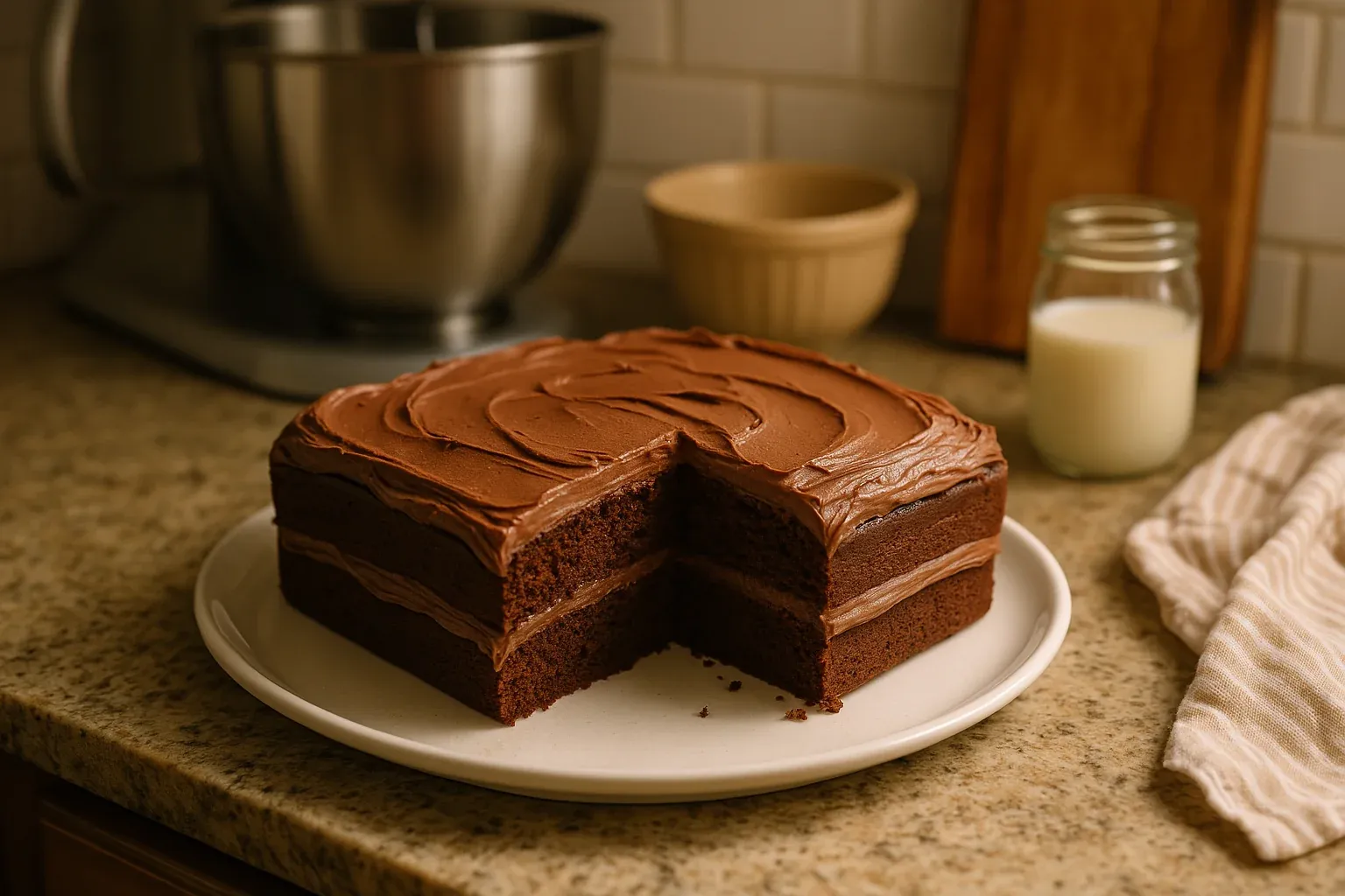 Double-layer chocolate cake with rich frosting, partially sliced, on a kitchen counter with a mixer, bowl, and glass of milk nearby.