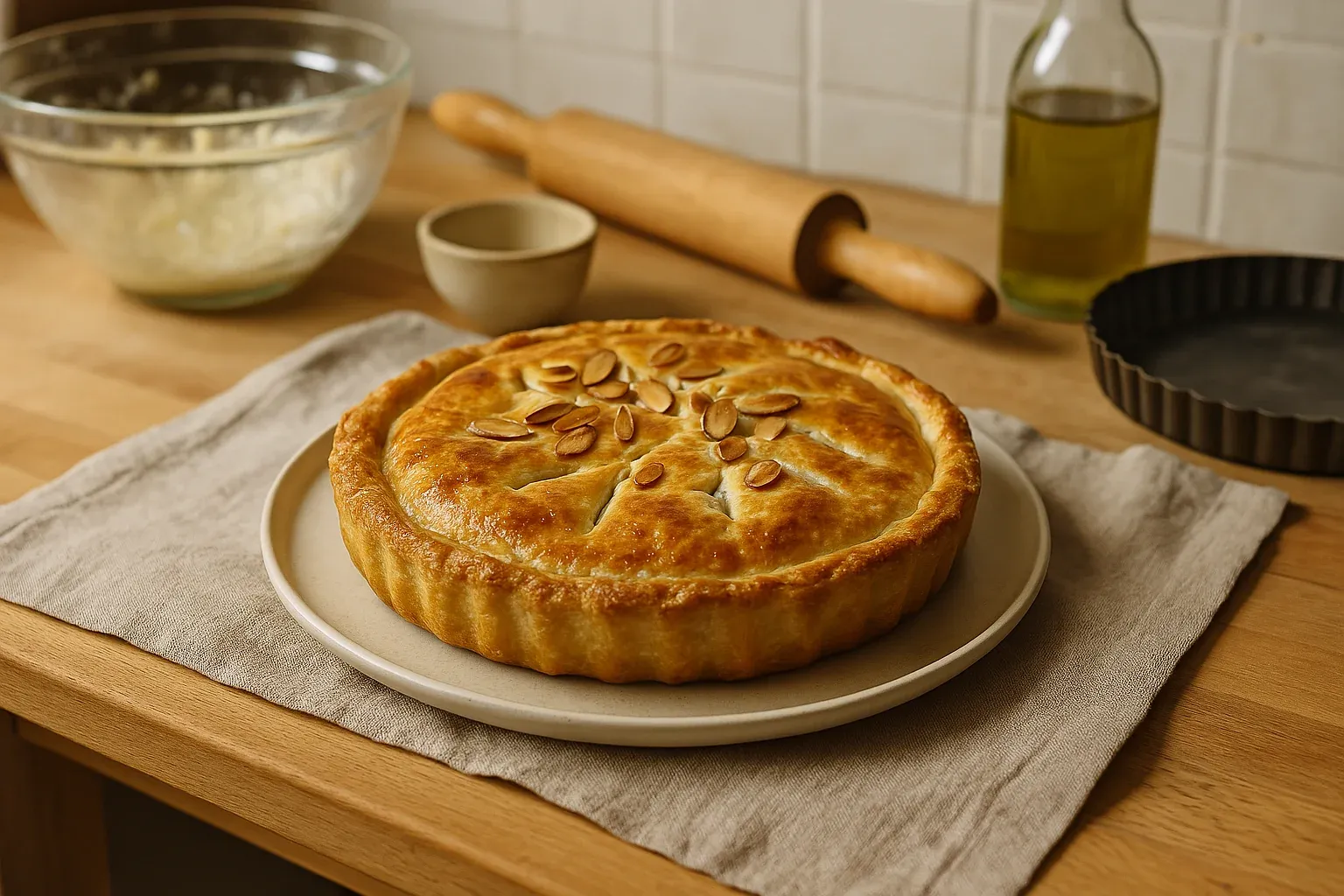 Golden brown pie with almond slices on top, resting on a beige cloth next to a rolling pin, bowl, and bottle of oil in a kitchen setting.
