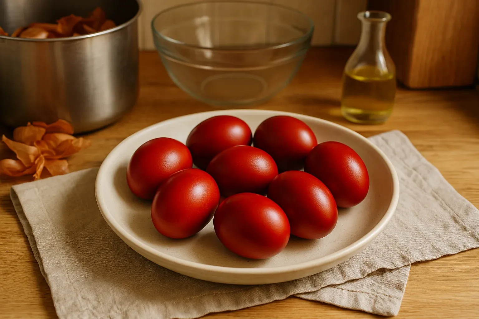 Plate of vibrantly red-dyed Easter eggs on a wooden table with a glass bowl, pot, and bottle of oil in the background.