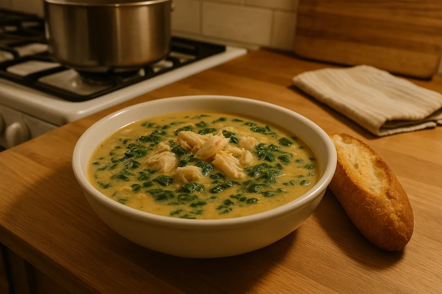 Creamy seafood soup with spinach and chunks of fish, served in a white bowl with a side of crusty bread on a wooden kitchen counter.