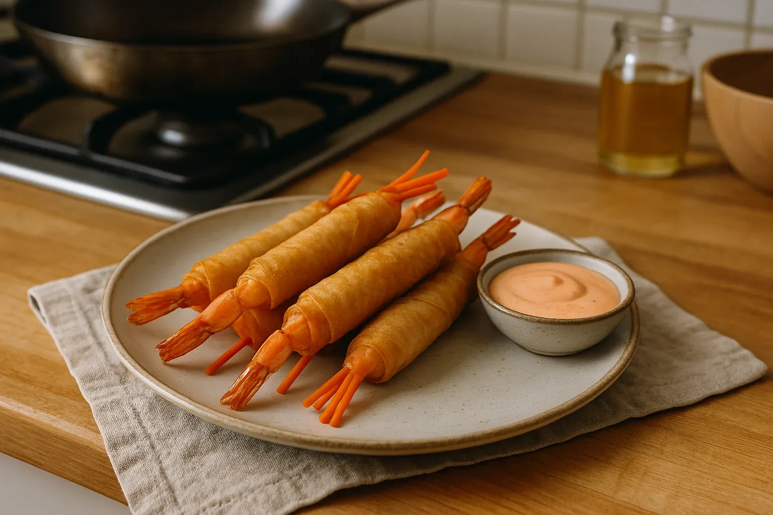 Crispy shrimp spring rolls served with a creamy dipping sauce on a plate in a kitchen setting.