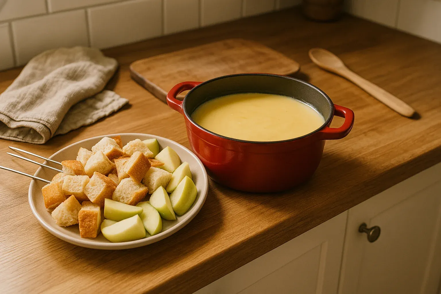 A pot of melted cheese fondue with a plate of bread cubes and apple slices on skewers, ready for dipping.