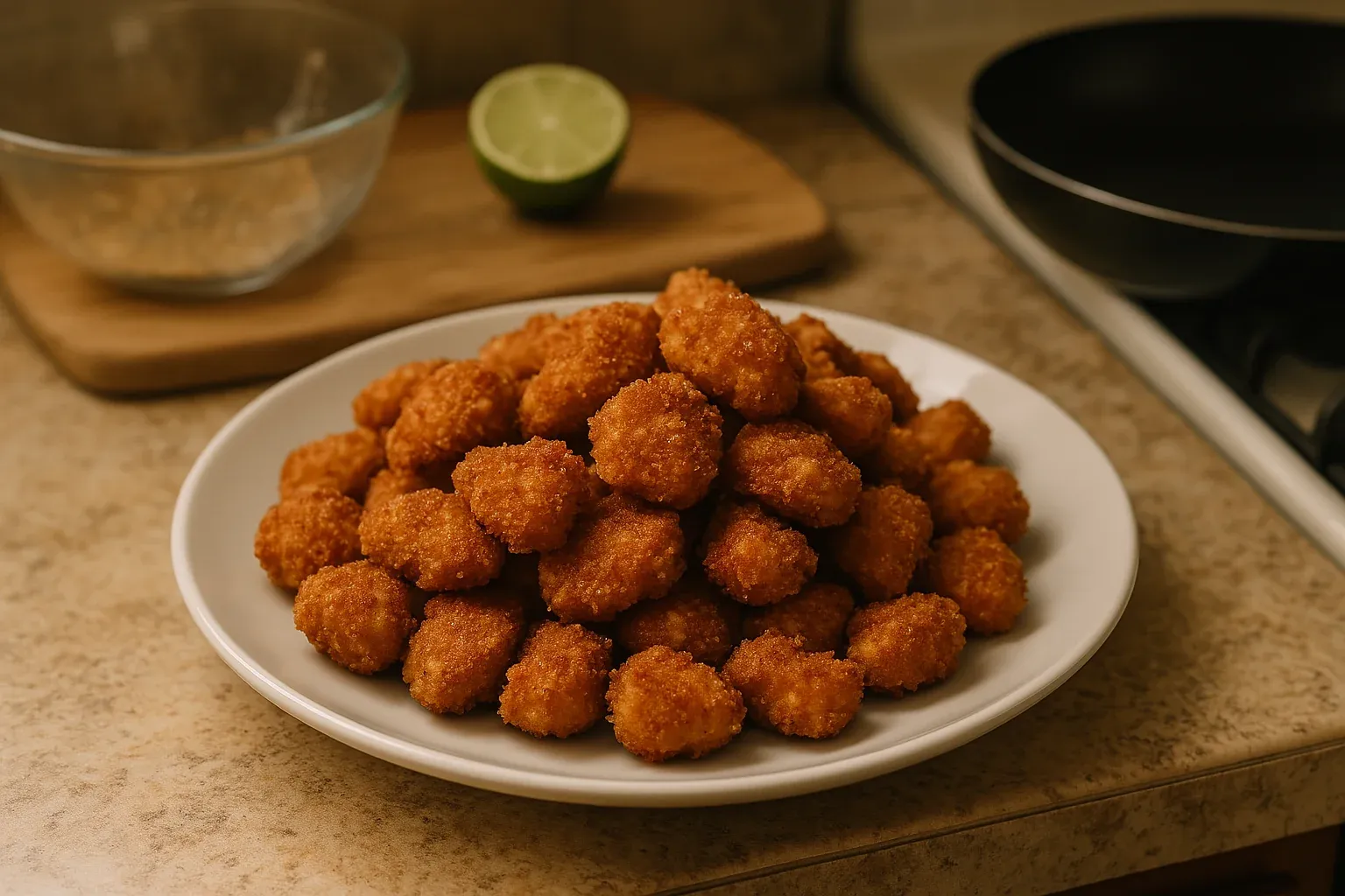 A white plate filled with crispy, golden-brown chicken nuggets on a kitchen counter, with a halved lime and glass bowl in the background.