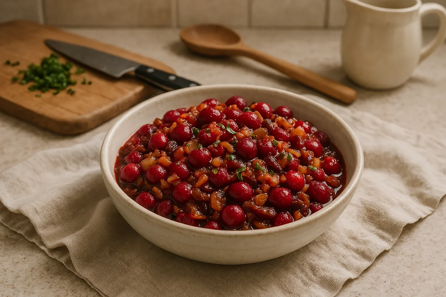 Homemade cranberry relish with chopped vegetables in a white bowl, set on a kitchen counter with a knife, cutting board, and wooden spoon.