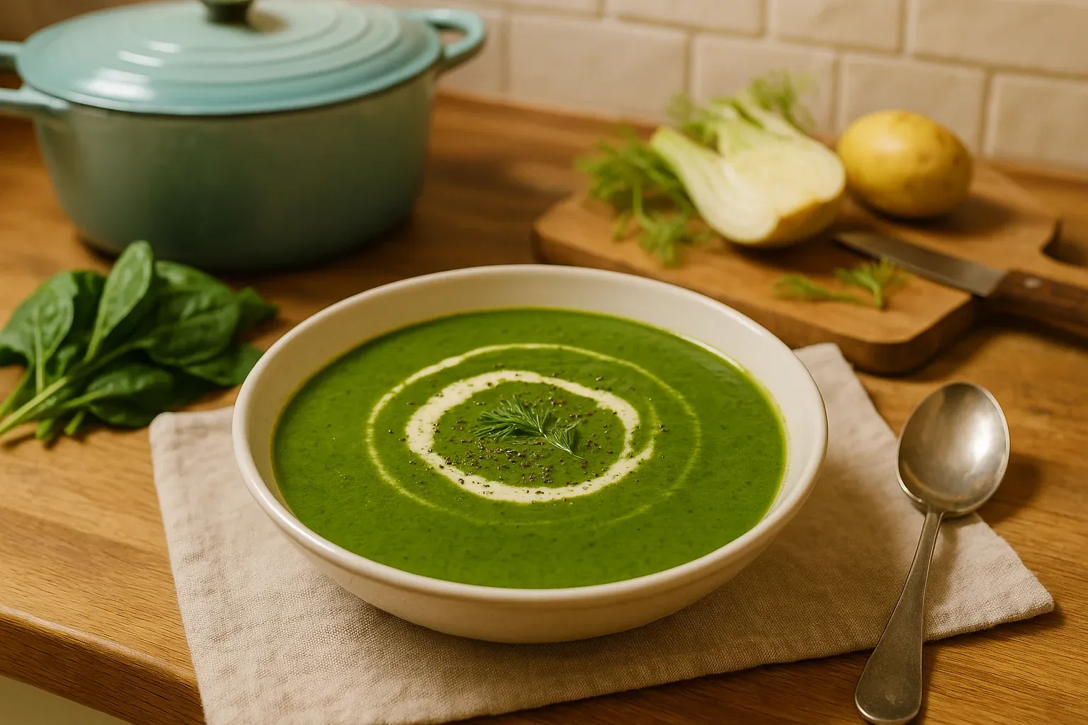 Creamy green spinach soup garnished with a swirl of cream and fresh dill, served in a white bowl with a spoon on a wooden countertop.