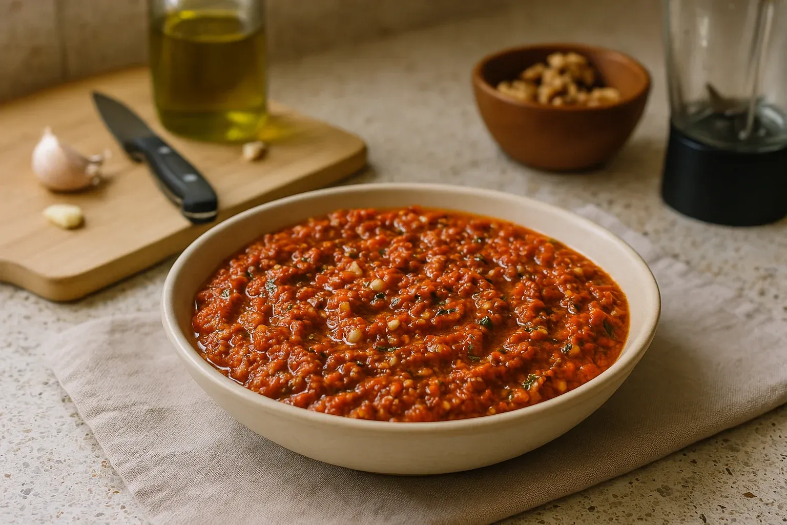 Bowl of homemade red pepper pesto on a countertop, with olive oil, garlic, and walnuts in the background.