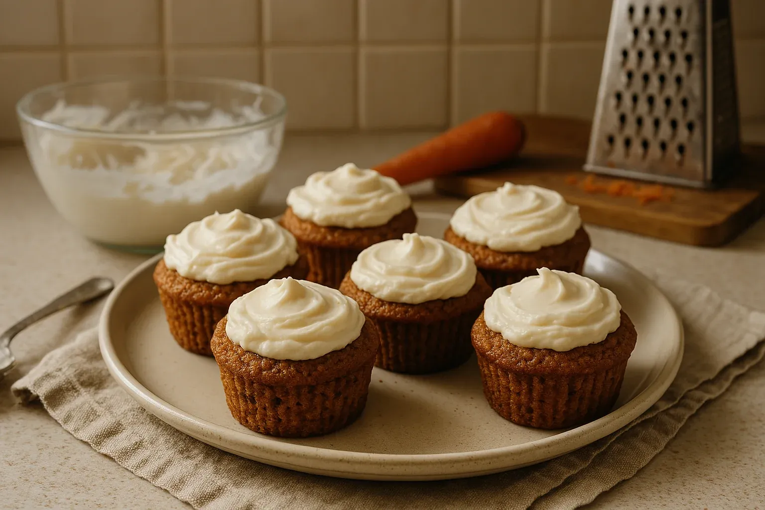 Carrot cupcakes with cream cheese frosting on a plate, with a bowl of frosting, a grater, and a carrot in the background.