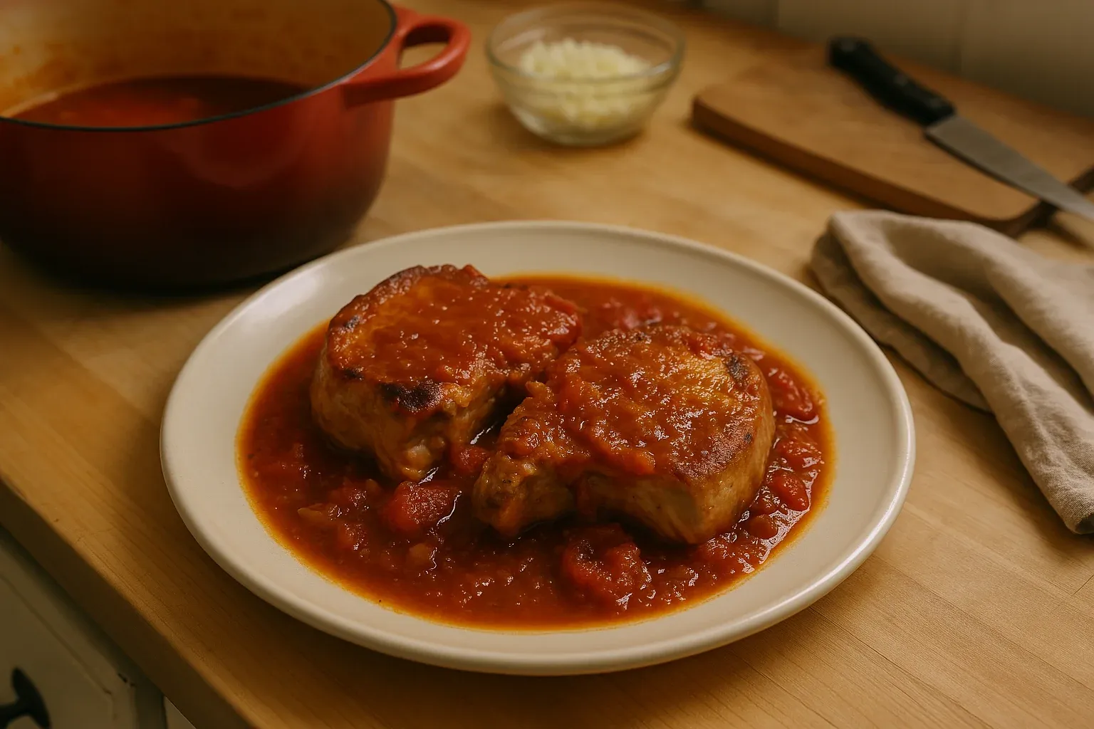 Two pork chops in a rich tomato sauce on a plate, with a pot of sauce and a bowl of chopped onions in the background.