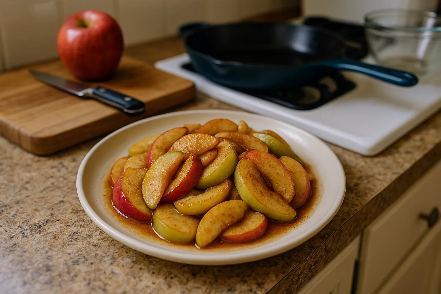 Sautéed apple slices with cinnamon on a plate, cutting board, and knife in the background, perfect for a fall recipe.