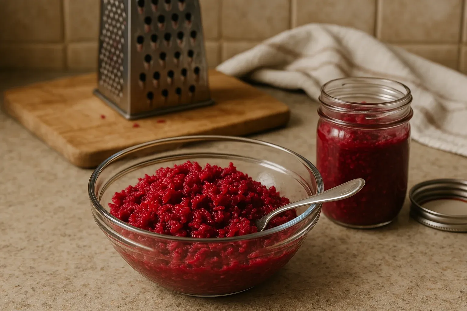Grated beets in a glass bowl with a spoon, alongside a jar of grated beets and a grater on a cutting board in the background.