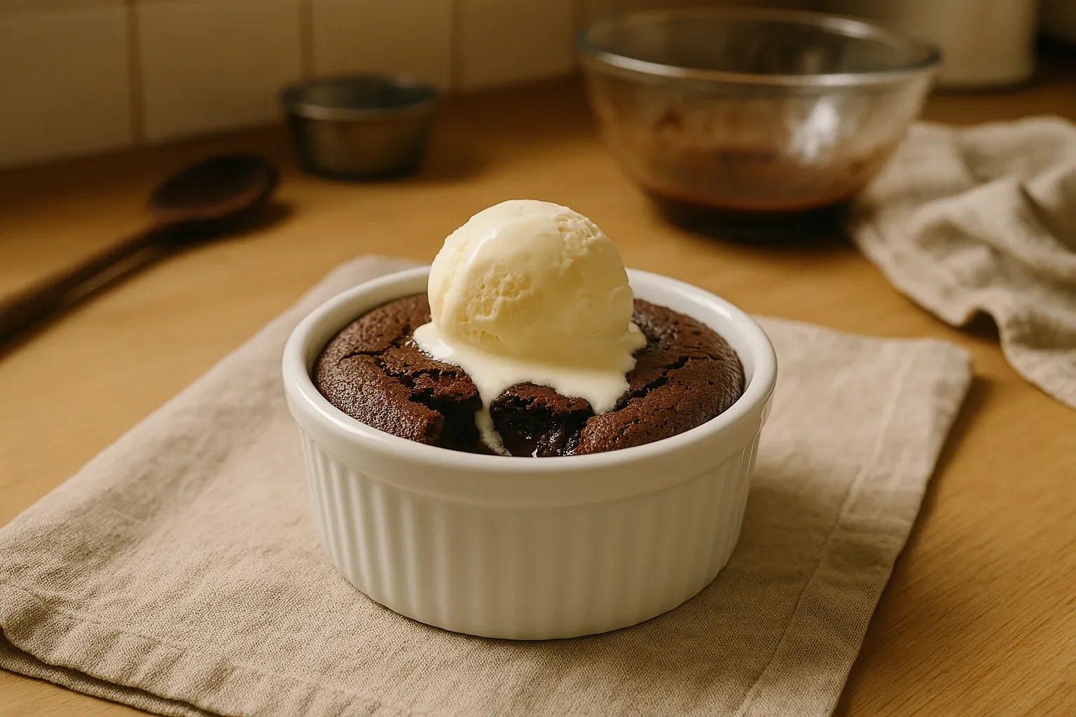 Chocolate lava cake topped with vanilla ice cream in a white ramekin on a beige cloth.