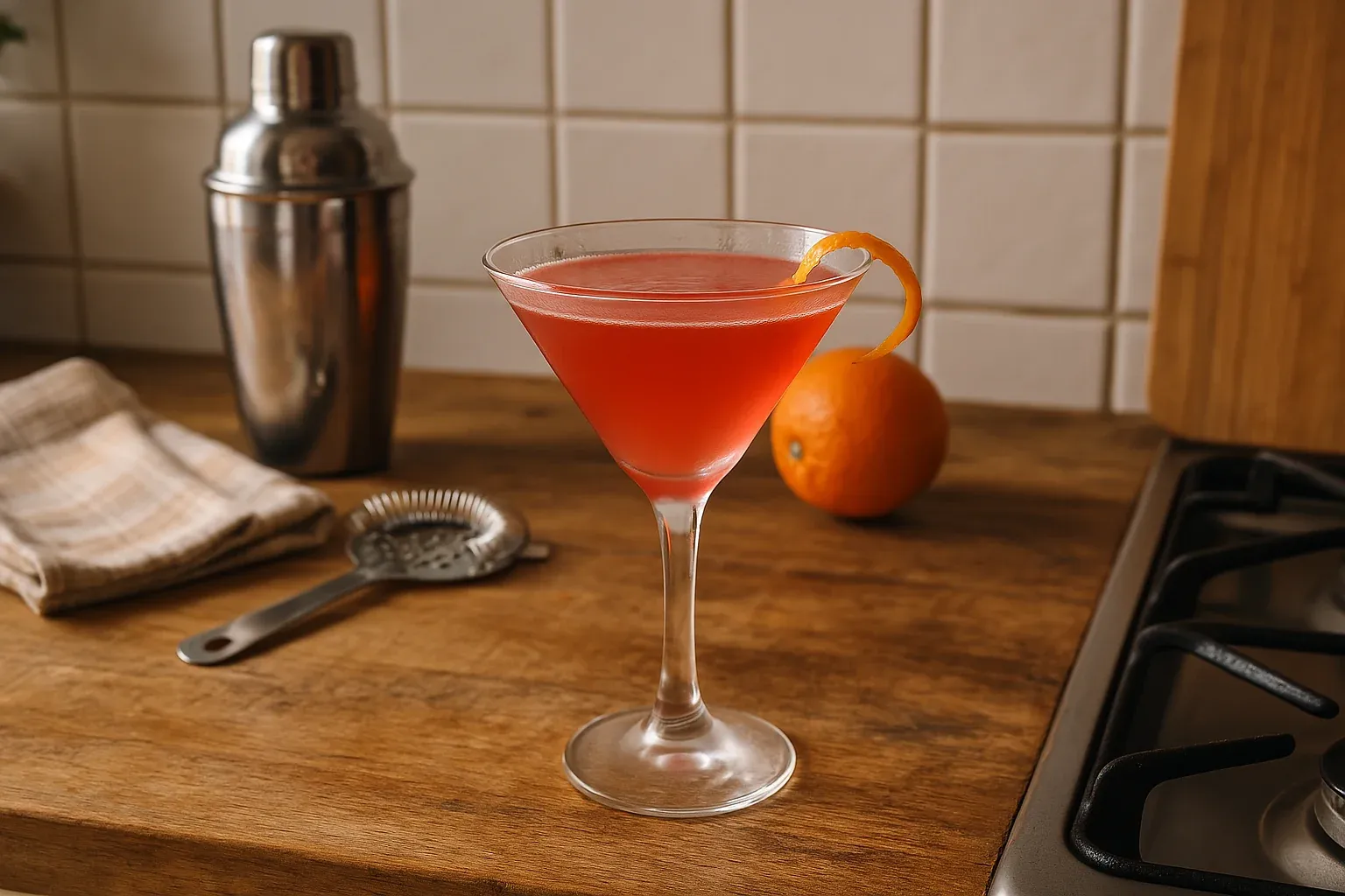 Cosmopolitan cocktail in a martini glass garnished with an orange twist, with a shaker and strainer on a wooden kitchen counter.