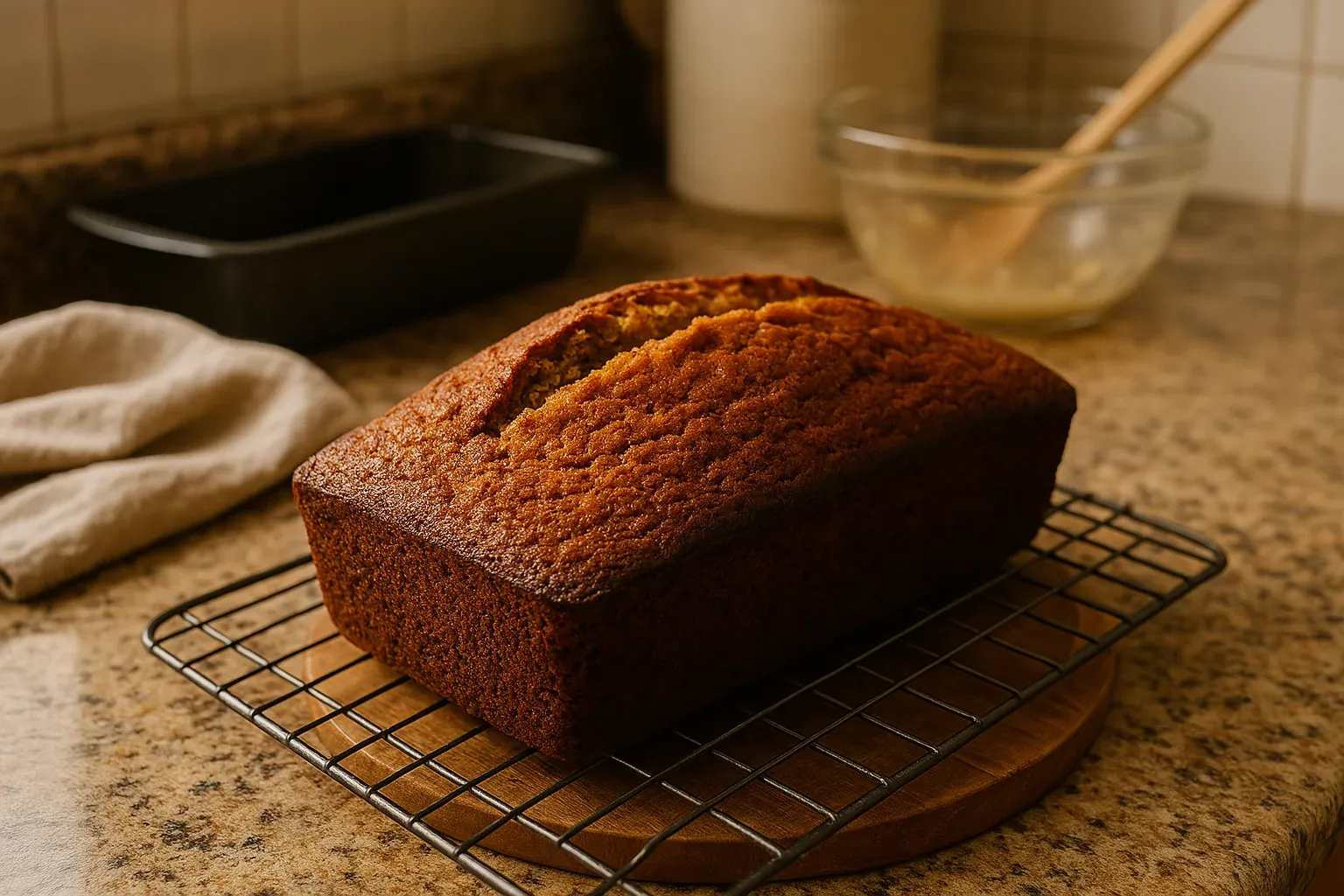 Freshly baked banana bread cooling on a wire rack in a cozy kitchen setting.