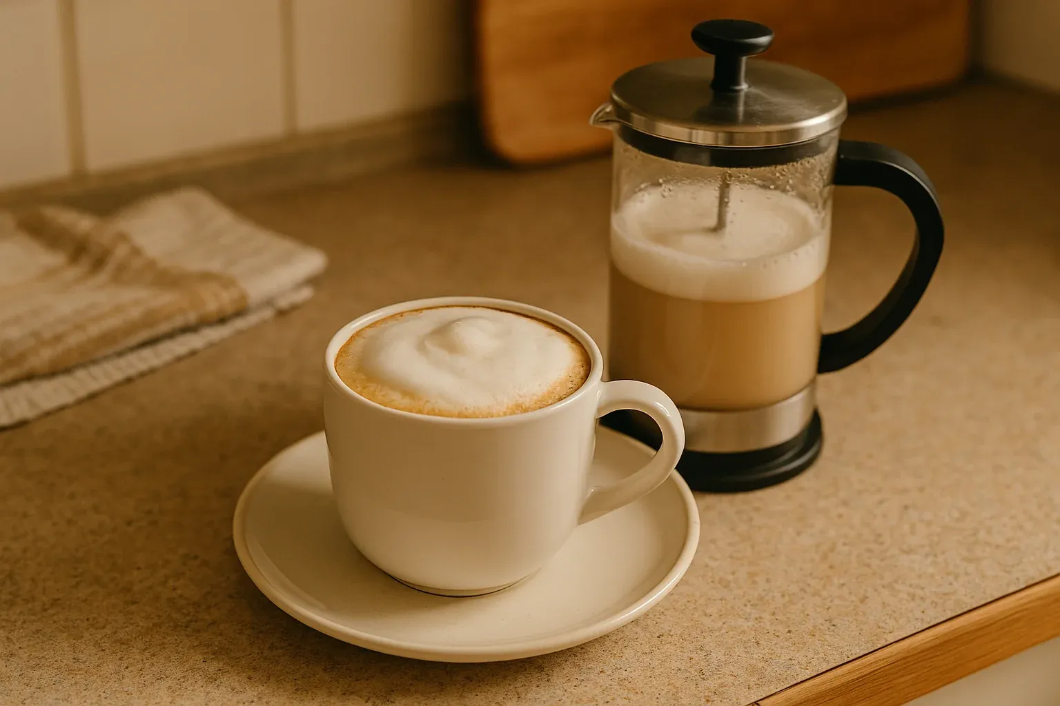 A frothy cappuccino in a white cup next to a French press filled with coffee on a kitchen counter, ideal for a homemade coffee recipe.