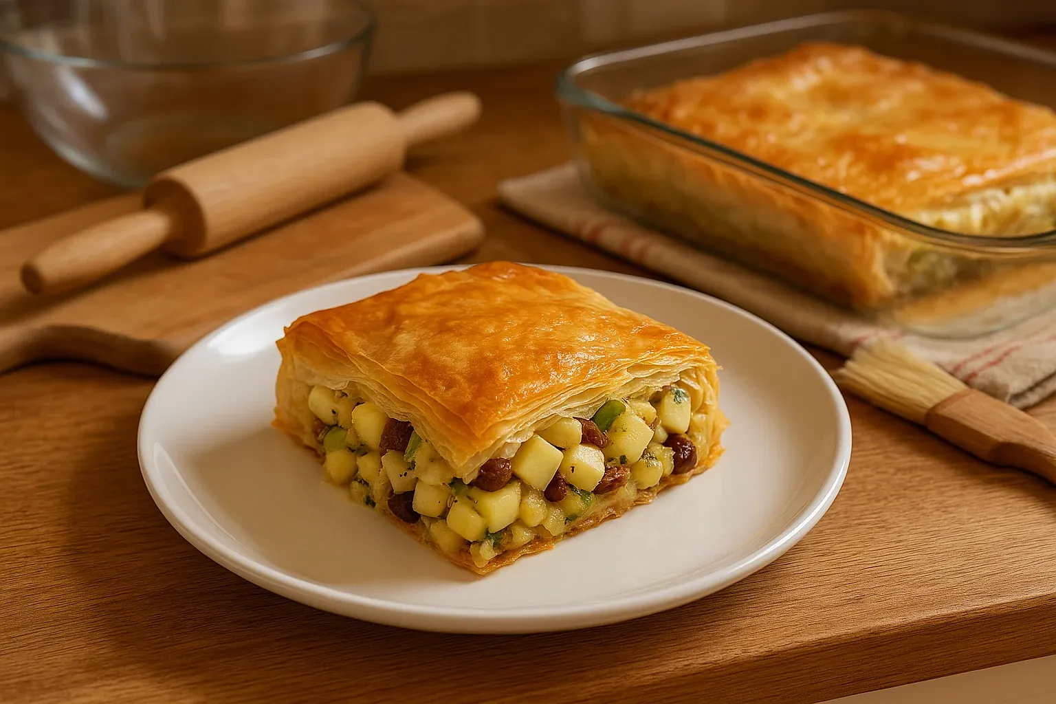 Golden apple strudel slice on a white plate with a rolling pin and baking dish in the background.