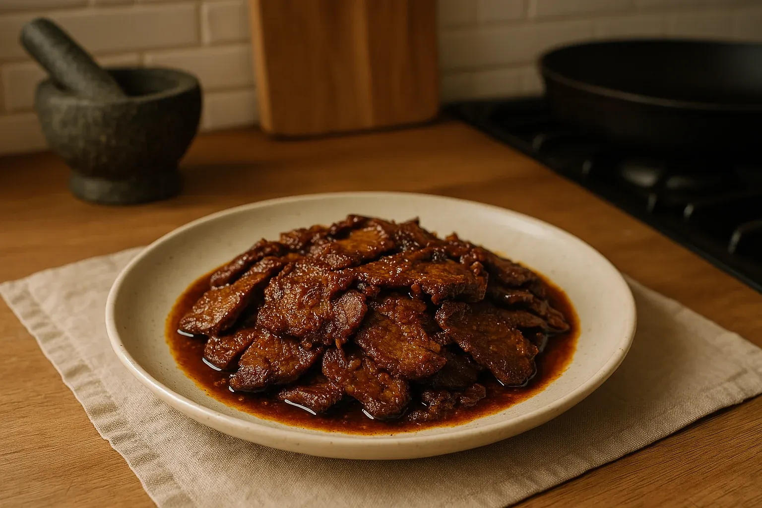 Savory braised beef slices in rich sauce served on a white plate, set on a wooden kitchen counter with a mortar and pestle in the background.