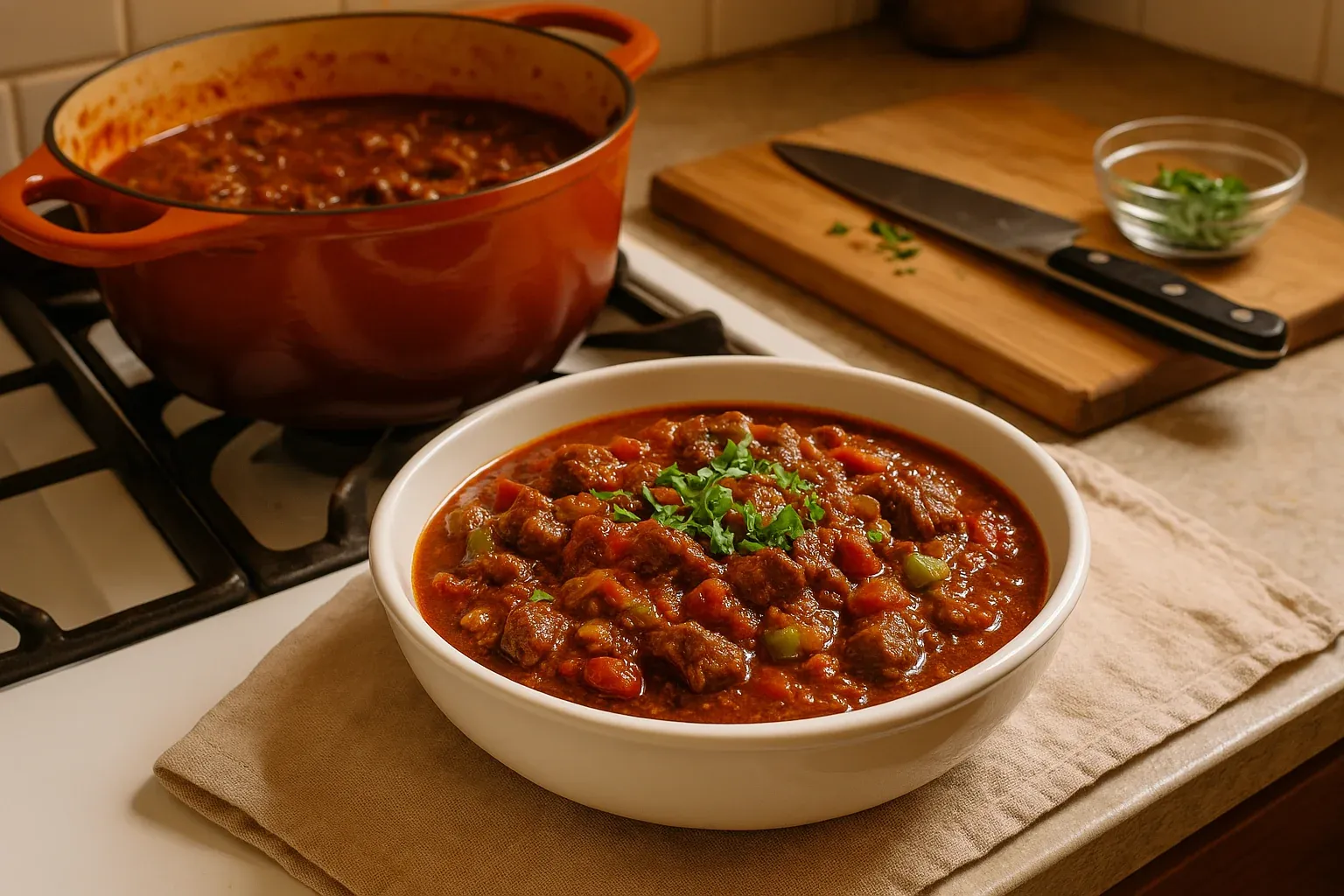 Hearty beef stew with vegetables served in a white bowl, garnished with parsley, next to a pot of stew on a stovetop.