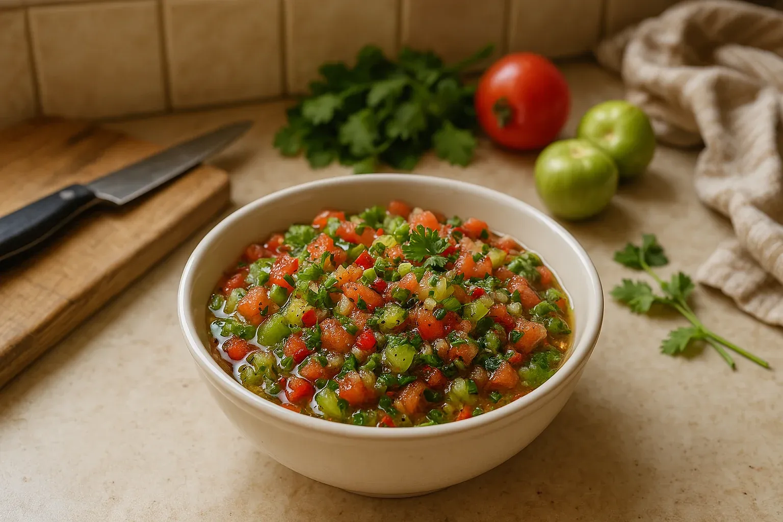 Fresh homemade salsa with diced tomatoes, green peppers, and cilantro in a white bowl, ready for serving.