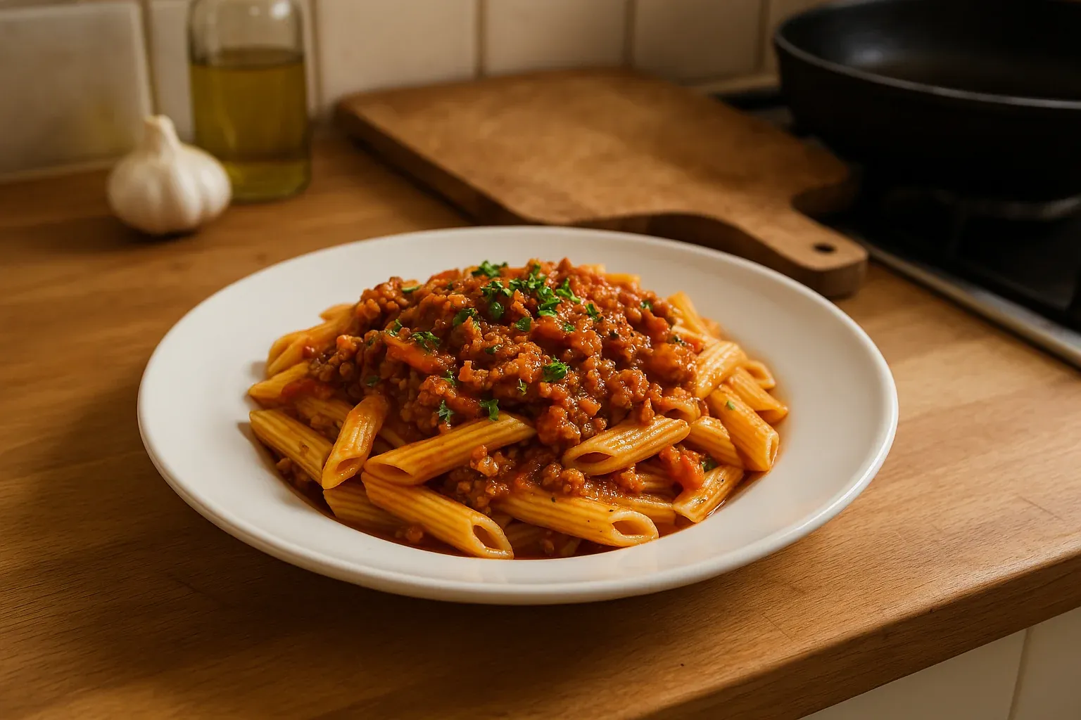 A plate of penne pasta topped with a rich, hearty meat sauce, garnished with fresh parsley, set on a wooden kitchen counter.