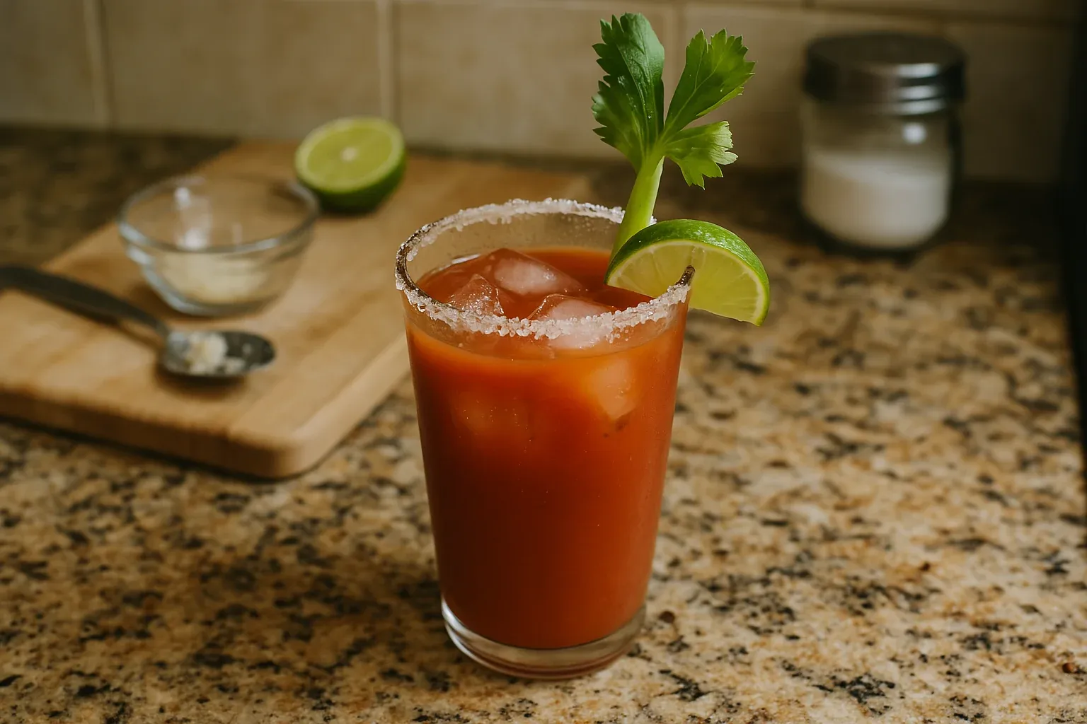 Bloody Mary cocktail garnished with celery stick and lime wedge, served in a salt-rimmed glass on a granite countertop.