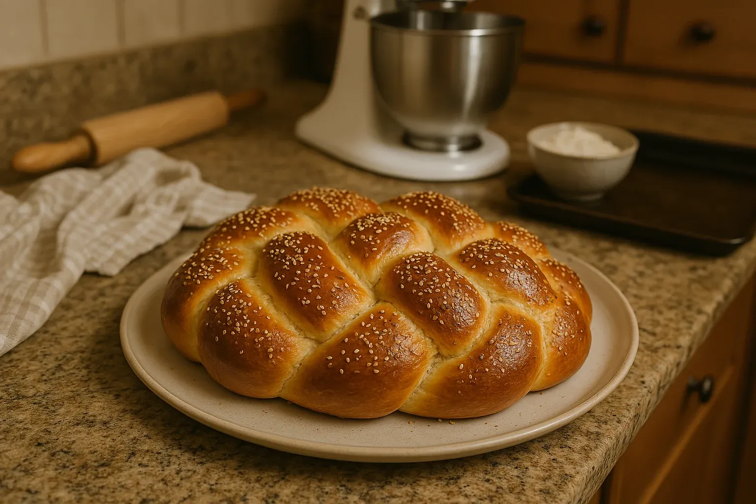 Golden brown braided bread topped with sesame seeds on a plate, with baking tools in the background.