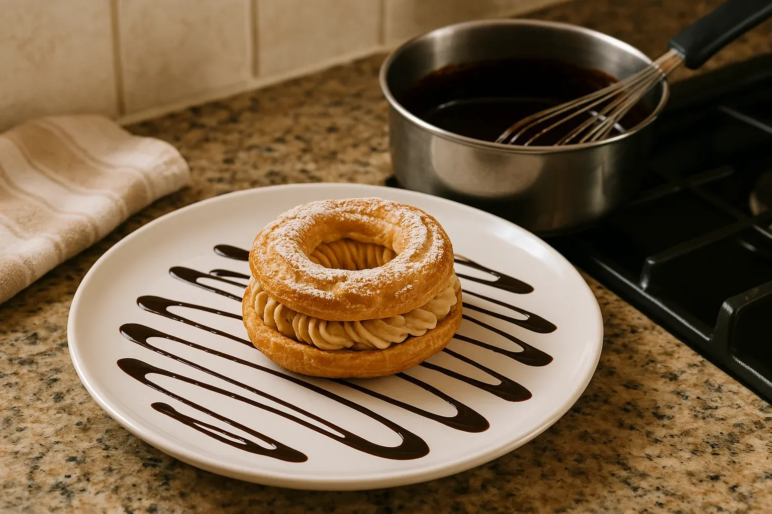 Paris-Brest pastry with powdered sugar and cream filling on a plate with chocolate drizzle, next to a saucepan on a kitchen counter.