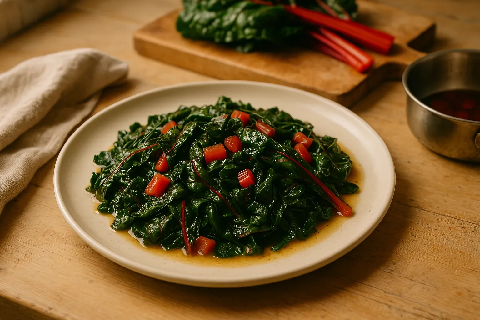Plate of sautéed Swiss chard with vibrant red stems on a wooden table, ready to serve.