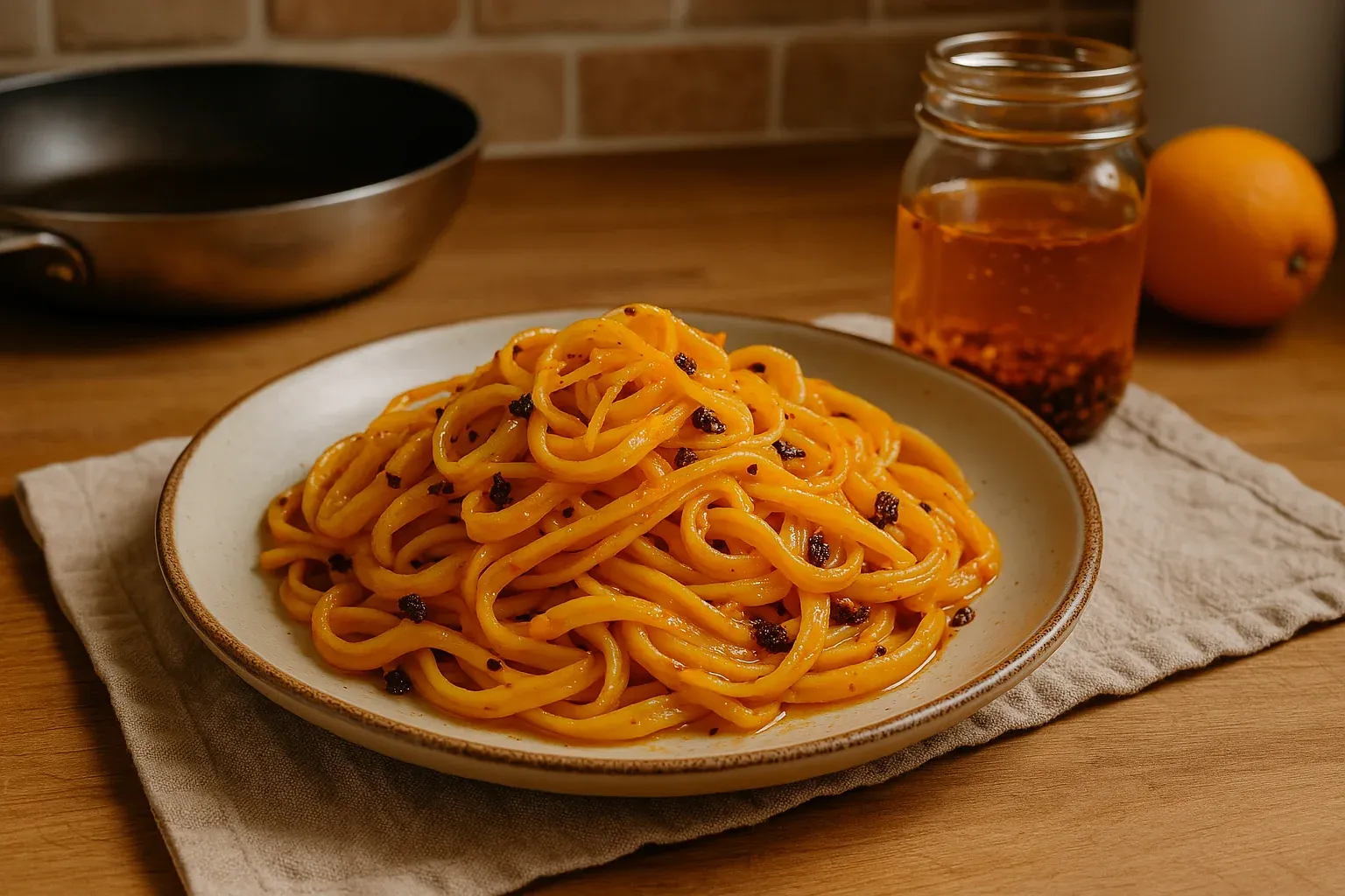 Spaghetti Aglio e Olio with chili flakes on a plate, accompanied by a jar of infused oil and an orange in the background.