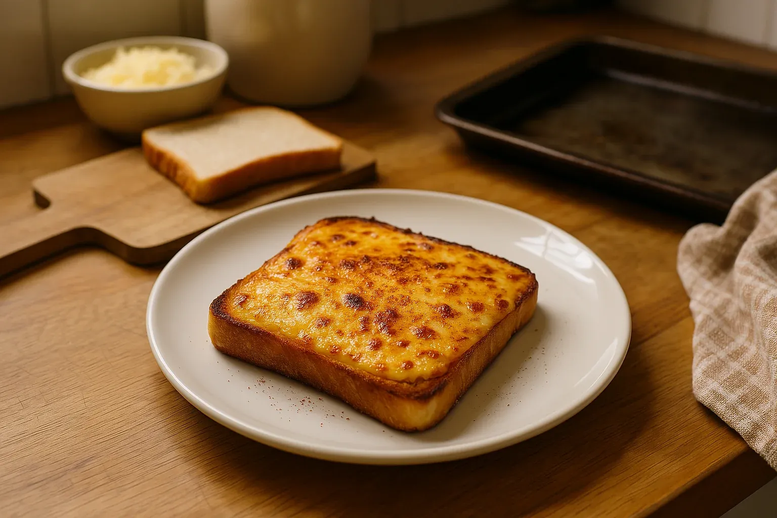 Golden brown cheese toast on a white plate, with bread and grated cheese in the background on a wooden kitchen counter.