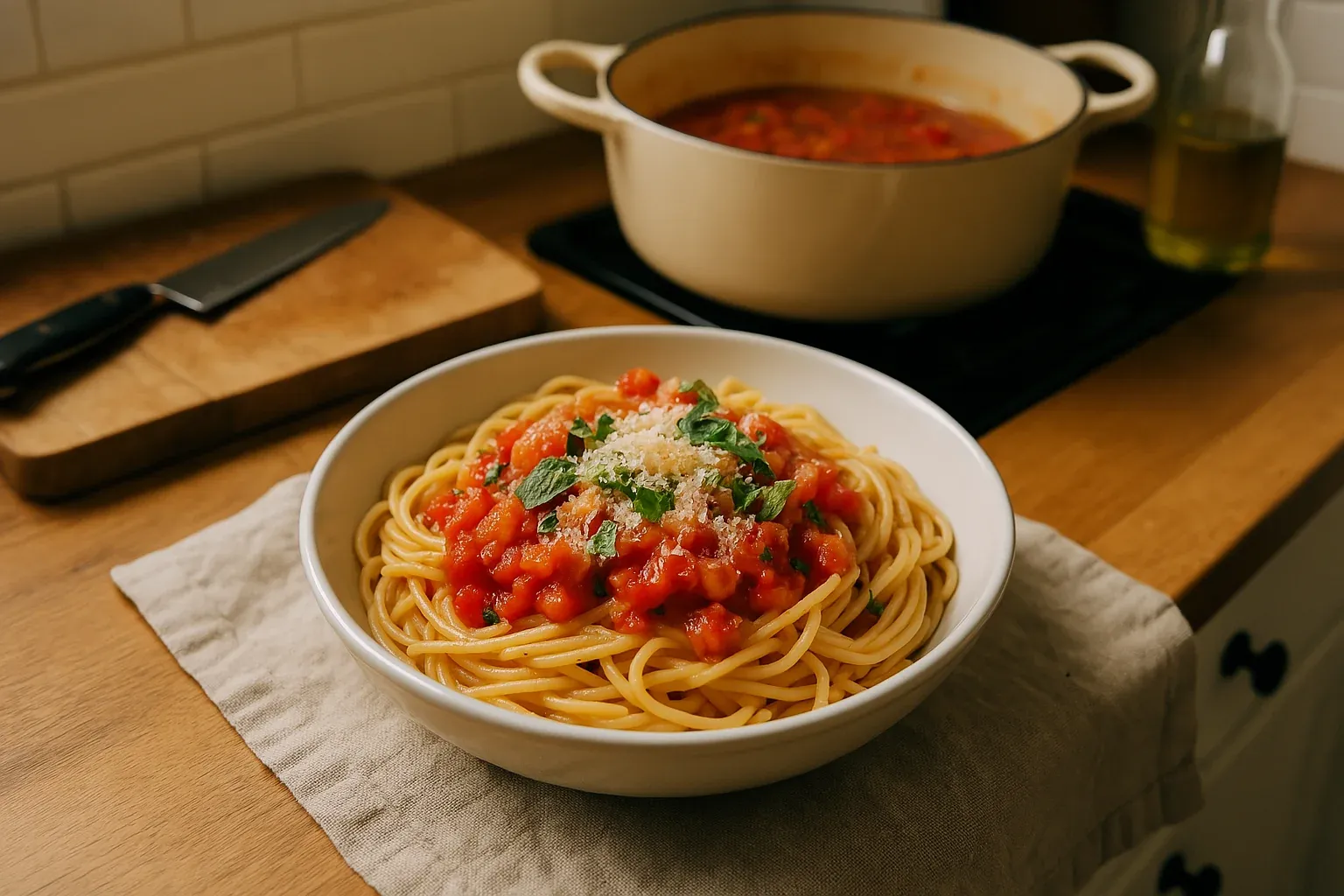 Bowl of spaghetti with tomato sauce, grated cheese, and basil on a wooden countertop with a pot of sauce and cutting board in the background.