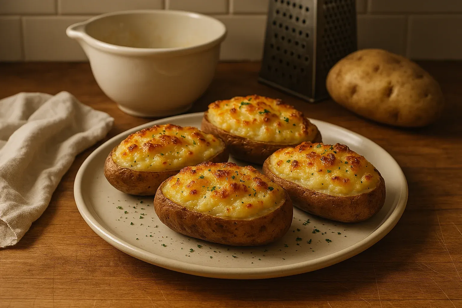 Twice-baked potatoes with golden cheese topping on a plate, garnished with parsley, ready to serve.