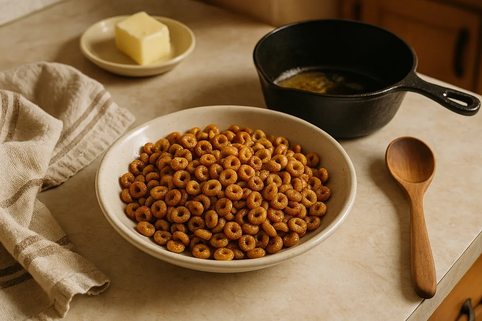 Bowl of honey-glazed cereal rings on a kitchen counter with a wooden spoon, melted butter, and a striped cloth nearby.