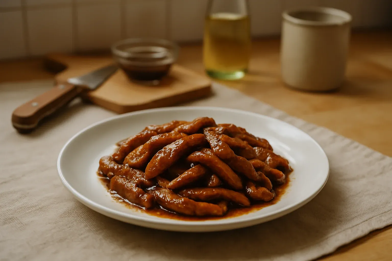 Plate of glazed meat strips in rich brown sauce with oil and knife on wooden board in the background.