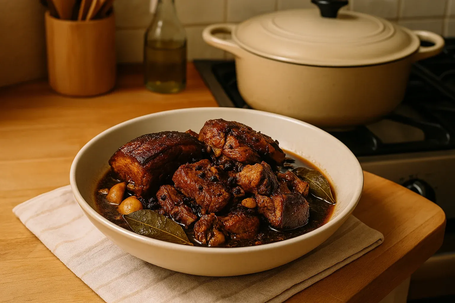 Braised pork belly in rich soy sauce with garlic and bay leaves in a beige bowl, set on a wooden kitchen counter near a Dutch oven.