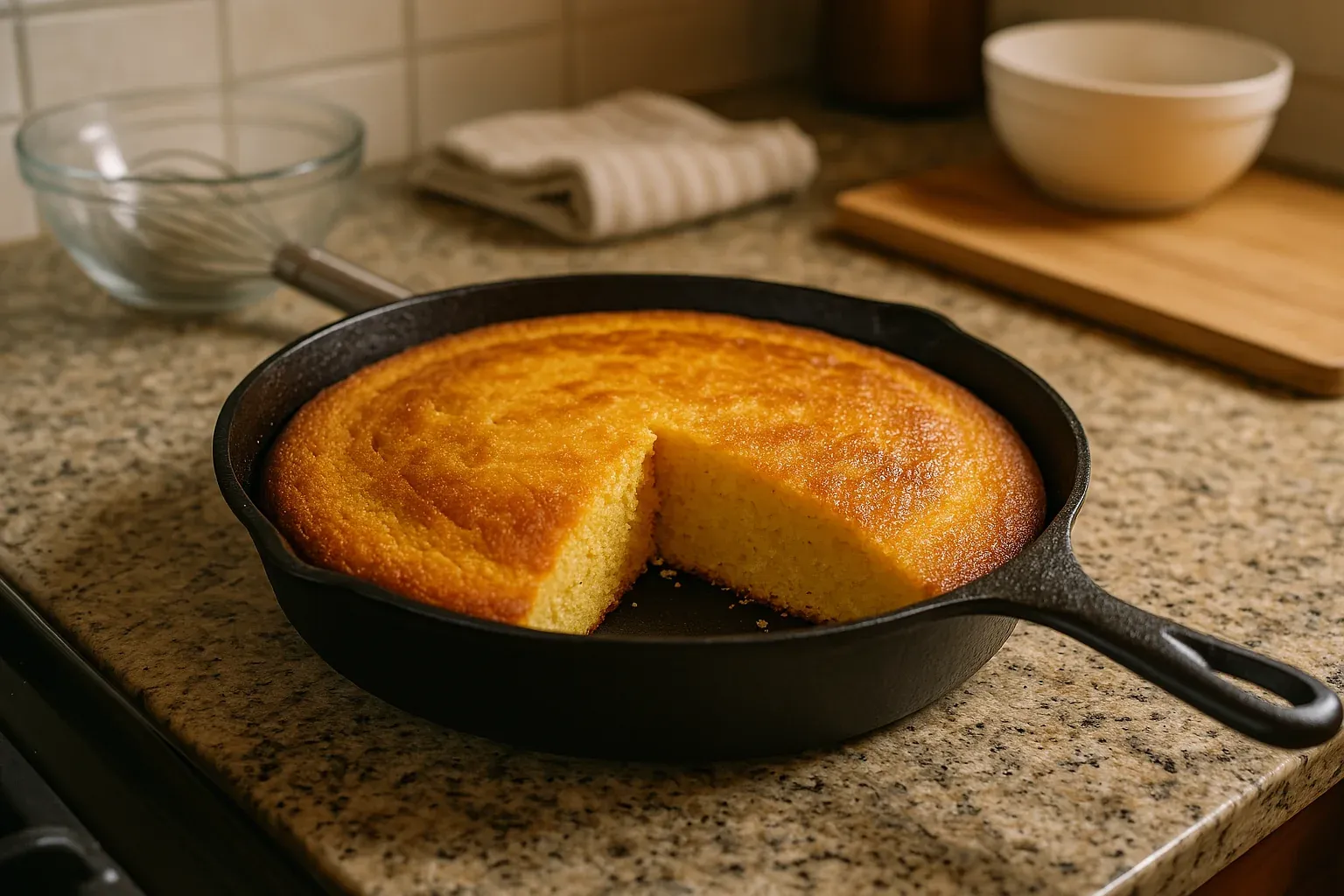 Golden cornbread with a slice missing, baked in a cast iron skillet on a granite countertop, with kitchen utensils in the background.