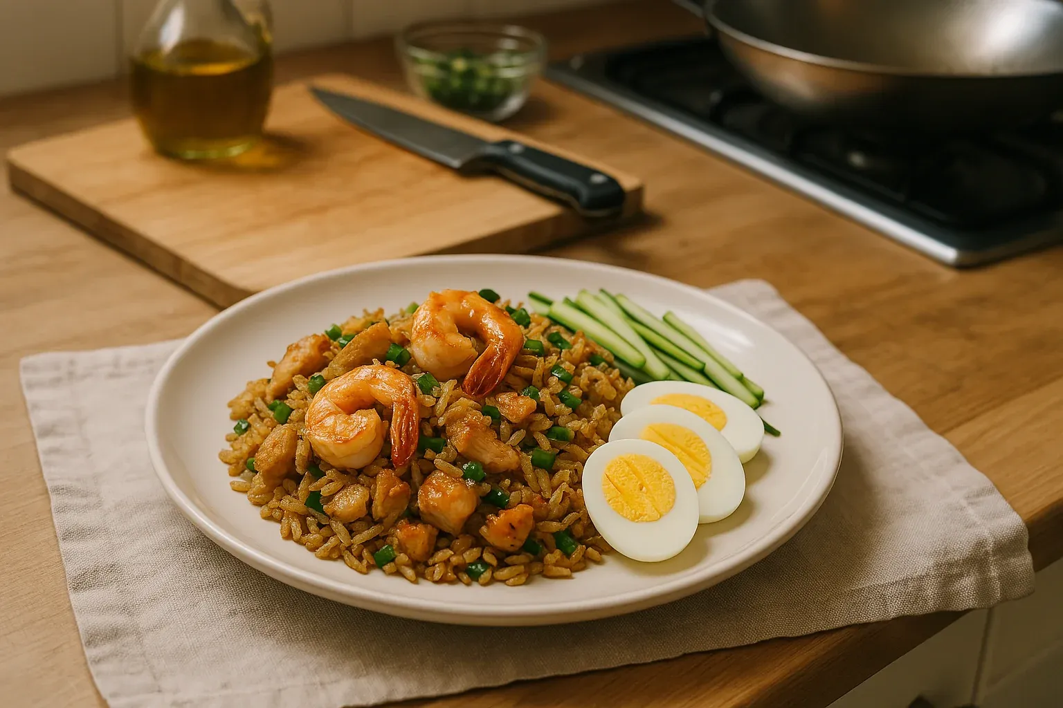 Shrimp and chicken fried rice garnished with boiled egg slices and cucumber strips on a white plate.