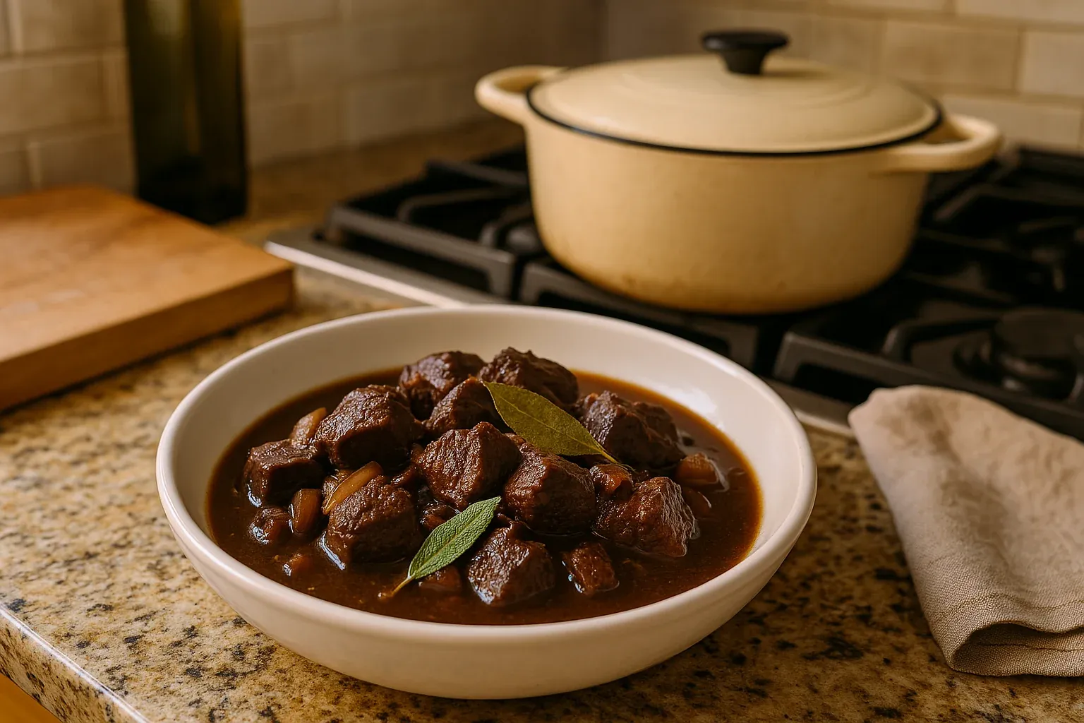 Hearty beef stew with chunks of tender meat and bay leaves in a white bowl, set on a kitchen counter with a Dutch oven in the background.