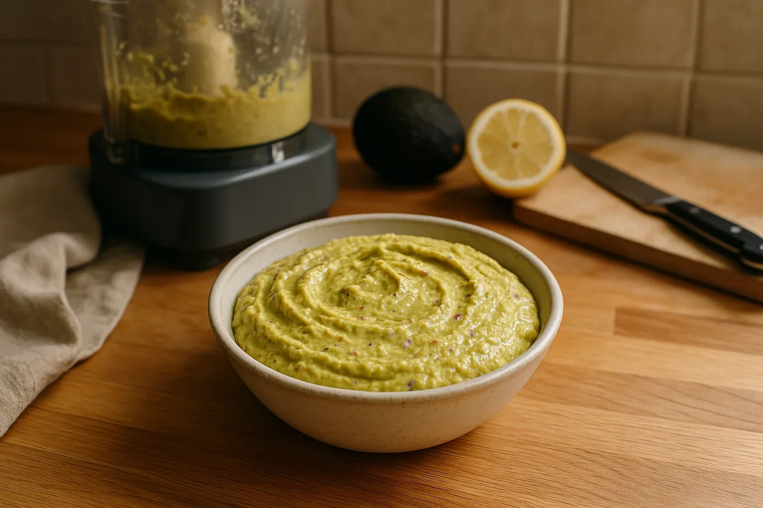 Creamy avocado dip in a bowl with a blender, avocado, and halved lemon in the background on a wooden kitchen counter.