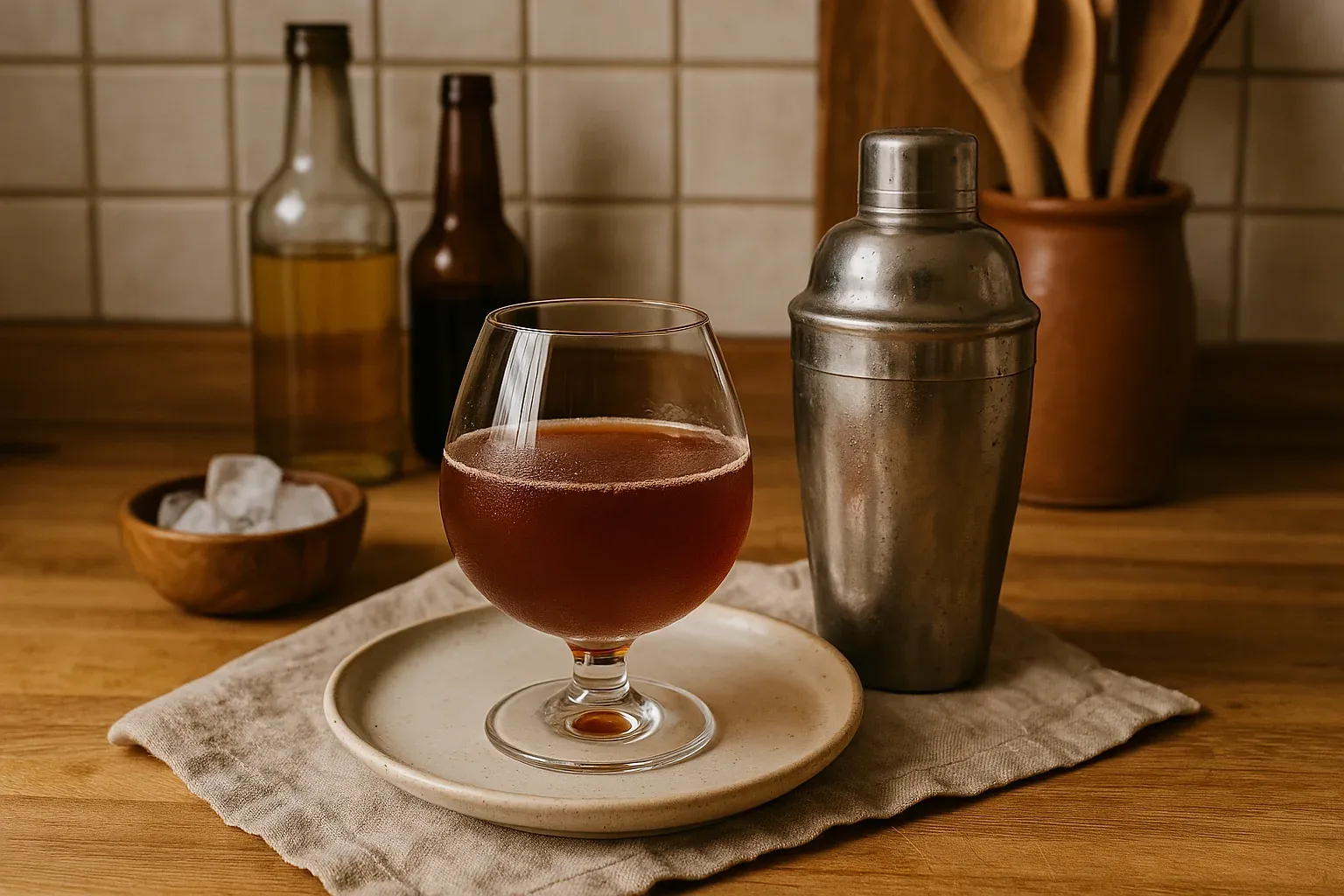 A snifter glass with a brown cocktail sits on a plate next to a metal shaker, with bottles and a bowl of ice in the background.