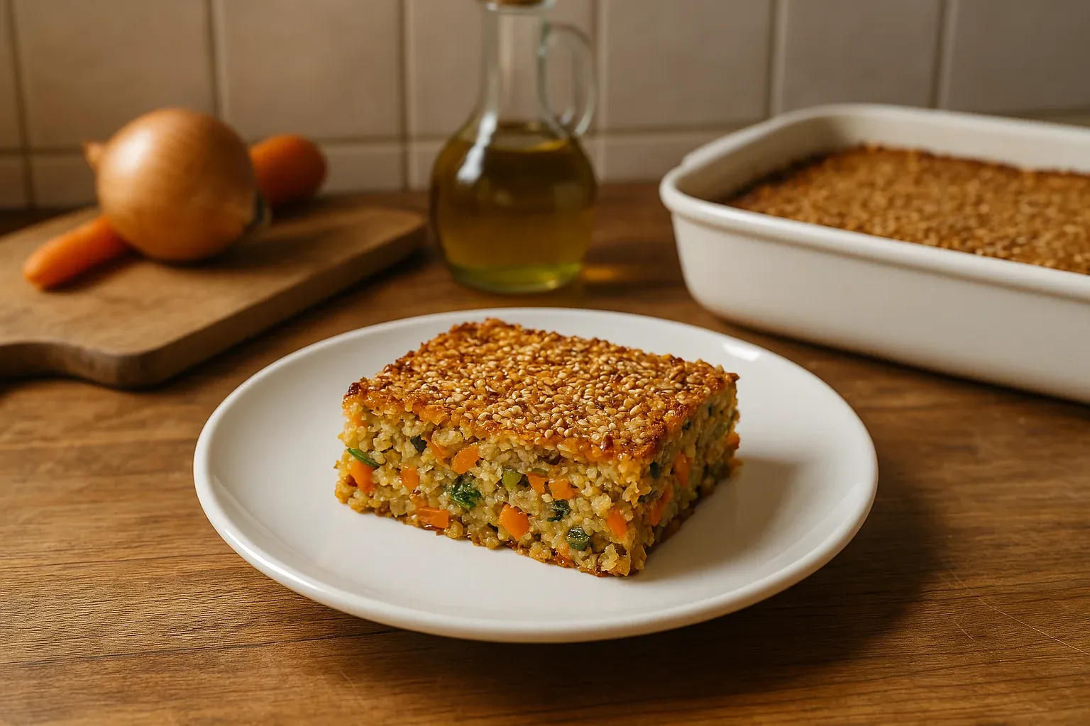 A slice of vegetable millet bake with a crispy sesame seed topping on a white plate, with an onion, carrot, and olive oil in the background.