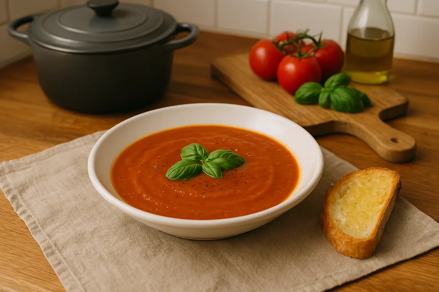 Creamy tomato soup garnished with fresh basil, served with a slice of cheesy bread, fresh tomatoes, and basil leaves in the background.