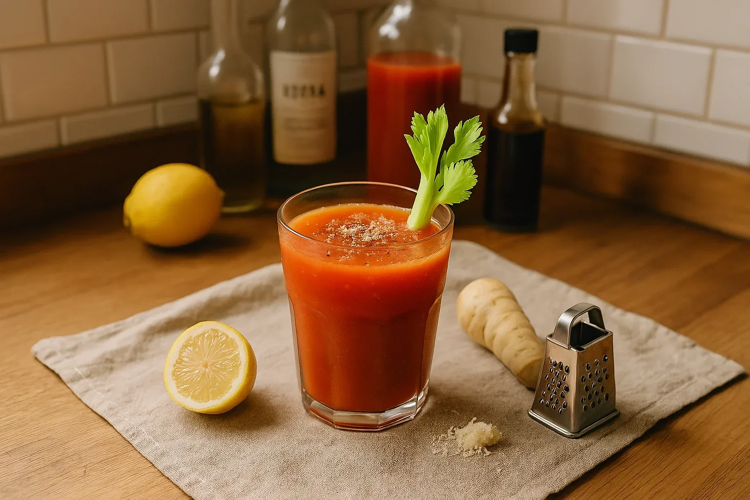 Fresh Bloody Mary cocktail garnished with celery, surrounded by lemon, horseradish, and sauces on a kitchen counter.