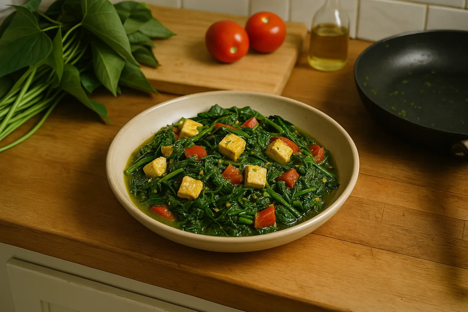 Vegetarian dish with sautéed spinach, tofu cubes, and tomatoes served in a bowl on a wooden countertop with fresh ingredients nearby.