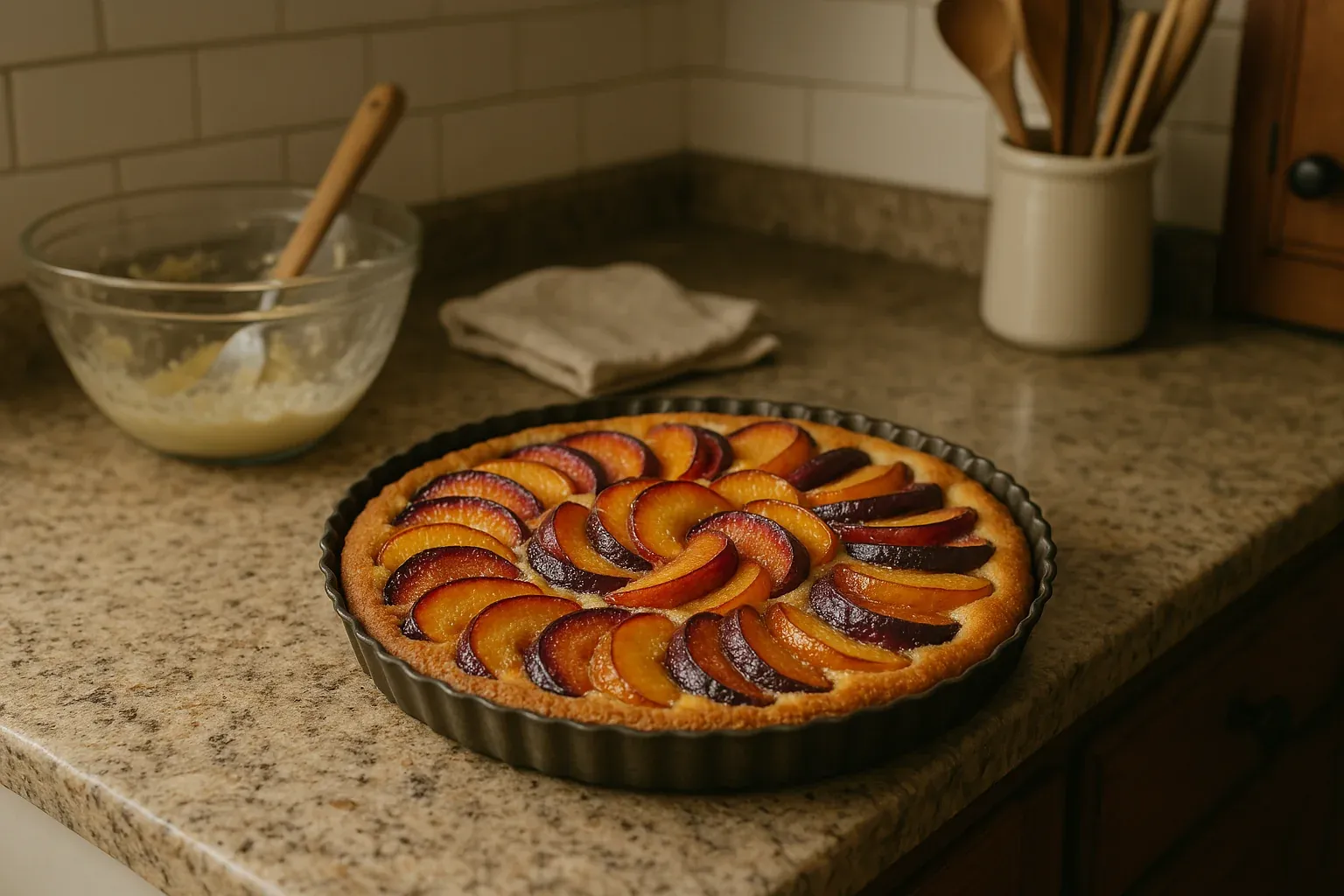 Homemade plum tart with neatly arranged slices on a kitchen counter, next to a mixing bowl and wooden utensils in a ceramic holder.